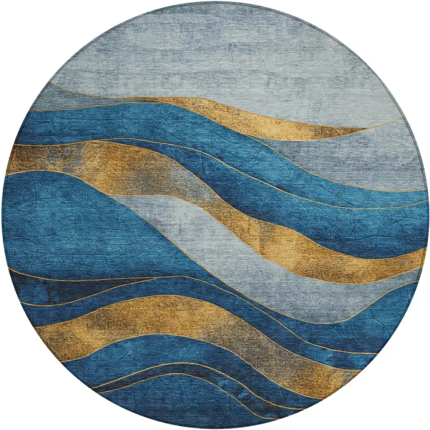 8' Blue And Gold Round Abstract Washable Indoor Outdoor Area Rug Photo 1