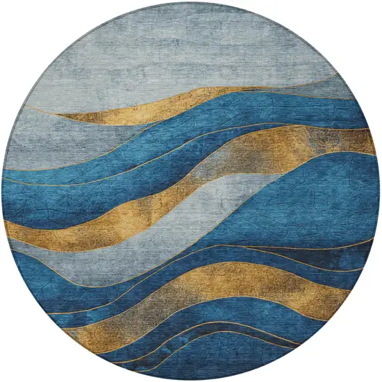 8' Blue And Gold Round Abstract Washable Indoor Outdoor Area Rug Photo 4