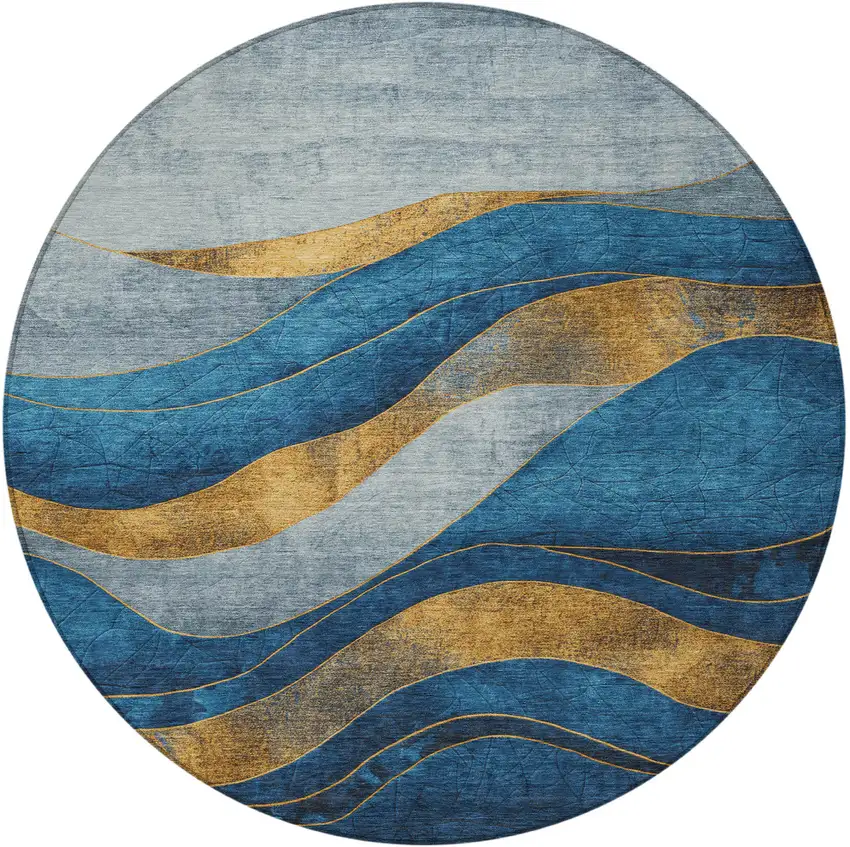 8' Blue And Gold Round Abstract Washable Indoor Outdoor Area Rug Photo 4