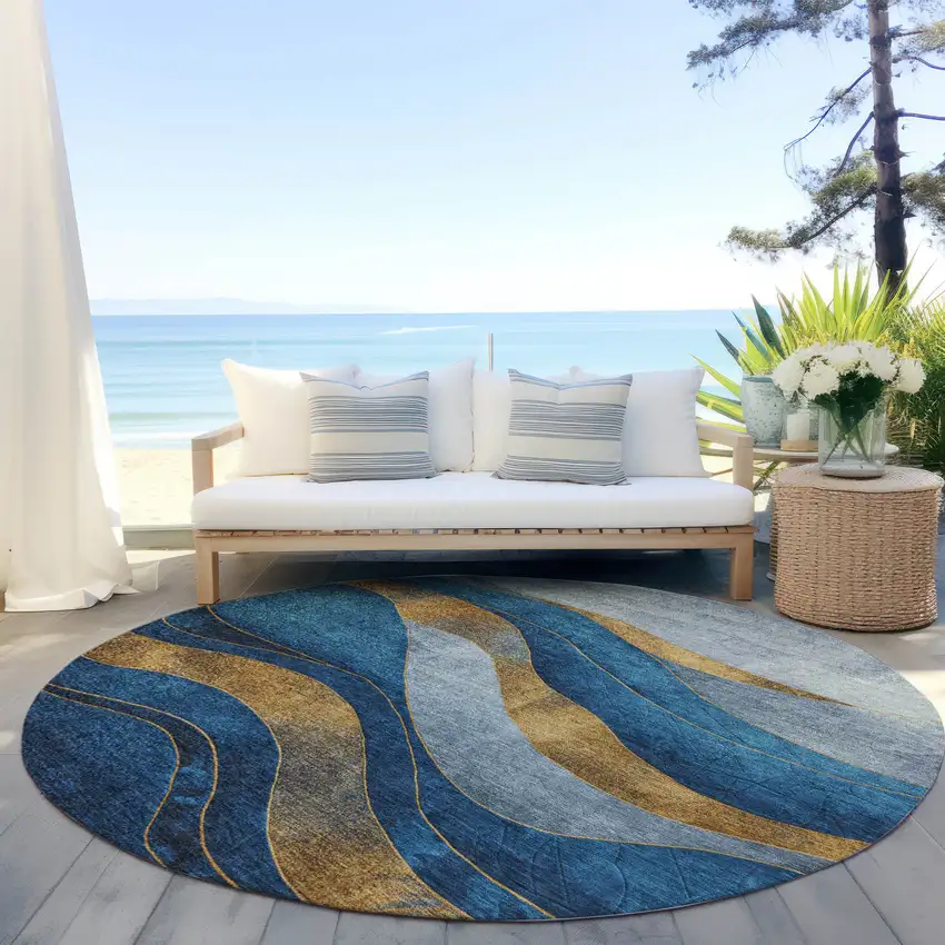 8' Blue And Gold Round Abstract Washable Indoor Outdoor Area Rug Photo 5