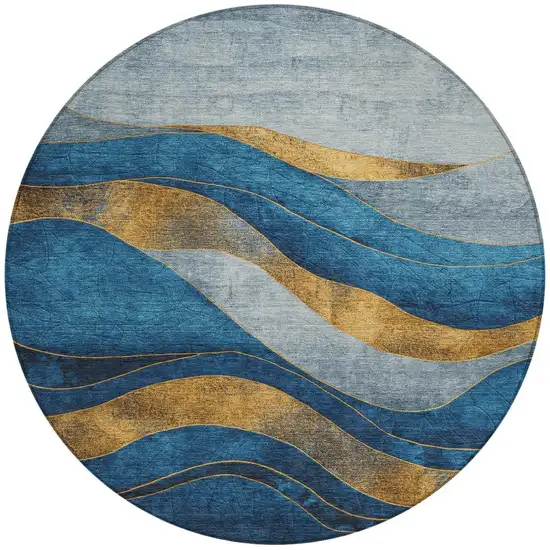 8' Blue And Gold Round Abstract Washable Indoor Outdoor Area Rug Photo 3
