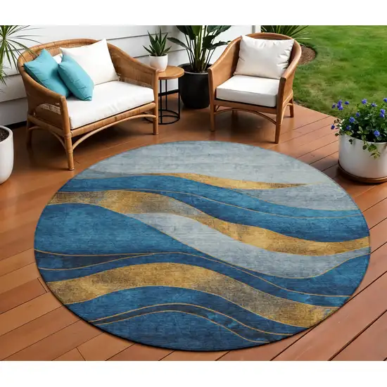 8' Blue And Gold Round Abstract Washable Indoor Outdoor Area Rug Photo 2
