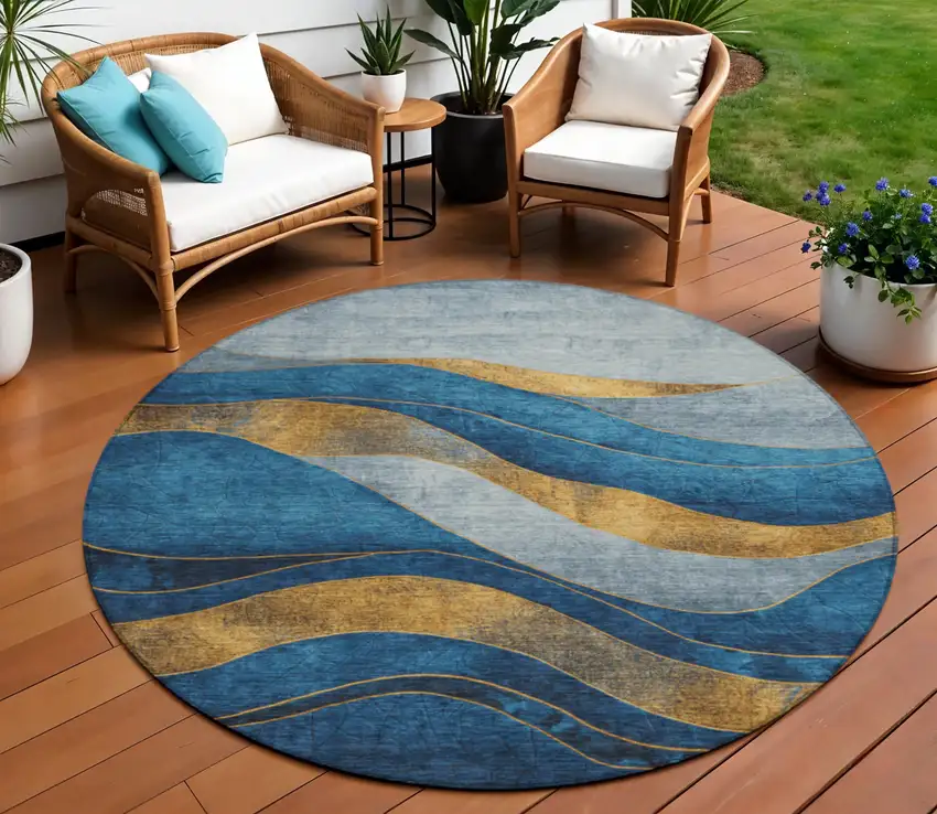 8' Blue And Gold Round Abstract Washable Indoor Outdoor Area Rug Photo 2
