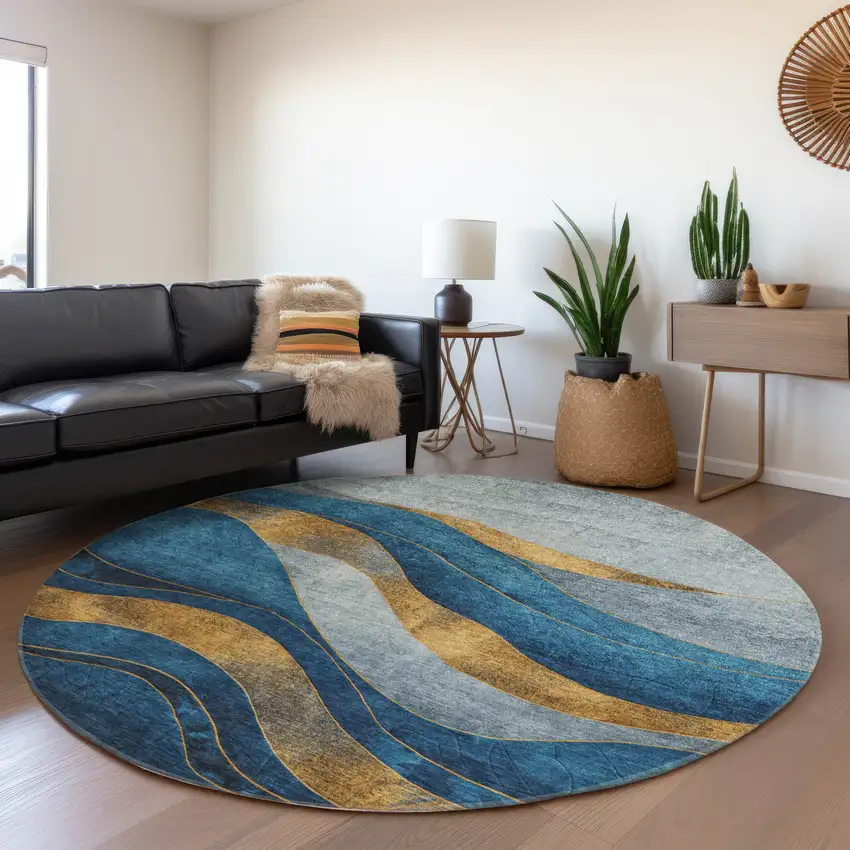 8' Blue And Gold Round Abstract Washable Indoor Outdoor Area Rug Photo 6
