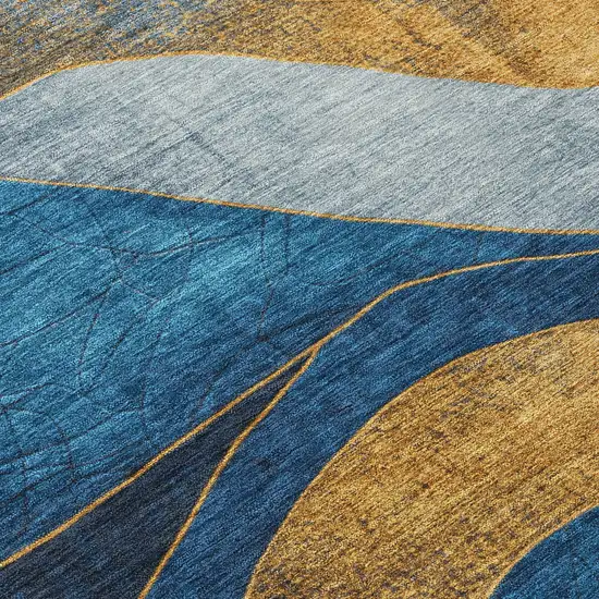 8' Blue And Gold Round Abstract Washable Indoor Outdoor Area Rug Photo 8