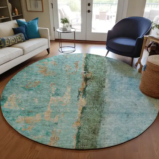 8' Blue And Gold Round Abstract Washable Indoor Outdoor Area Rug Photo 7