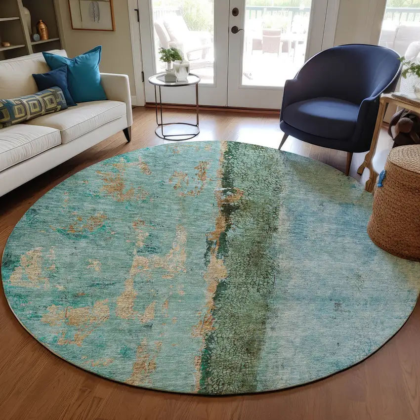 8' Blue And Gold Round Abstract Washable Indoor Outdoor Area Rug Photo 7
