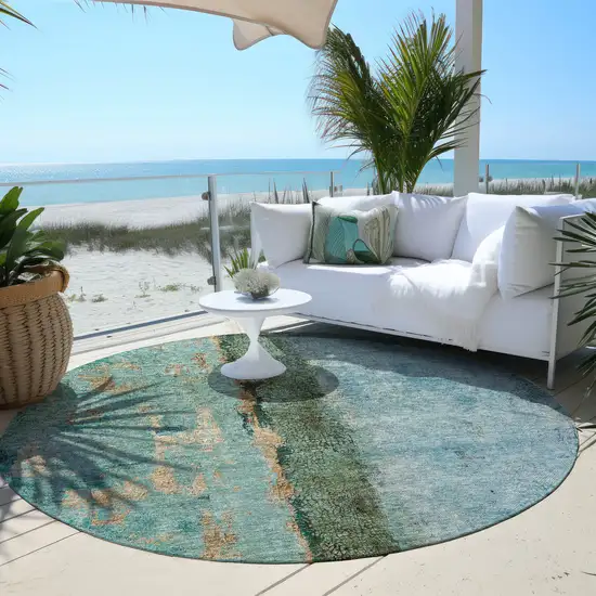 8' Blue And Gold Round Abstract Washable Indoor Outdoor Area Rug Photo 6