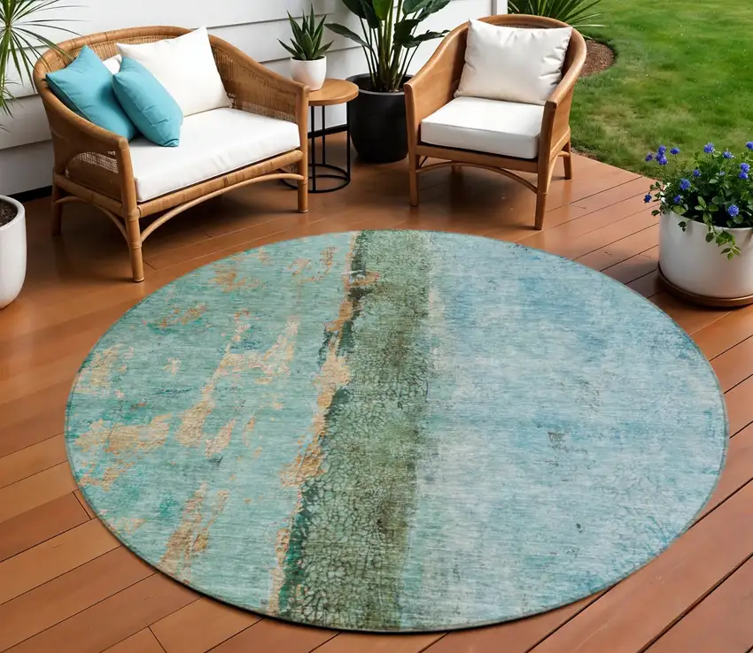 8' Blue And Gold Round Abstract Washable Indoor Outdoor Area Rug Photo 1