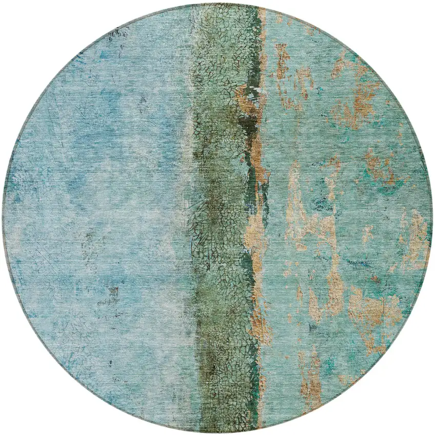 8' Blue And Gold Round Abstract Washable Indoor Outdoor Area Rug Photo 5