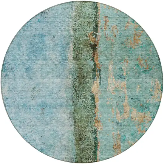 8' Blue And Gold Round Abstract Washable Indoor Outdoor Area Rug Photo 5