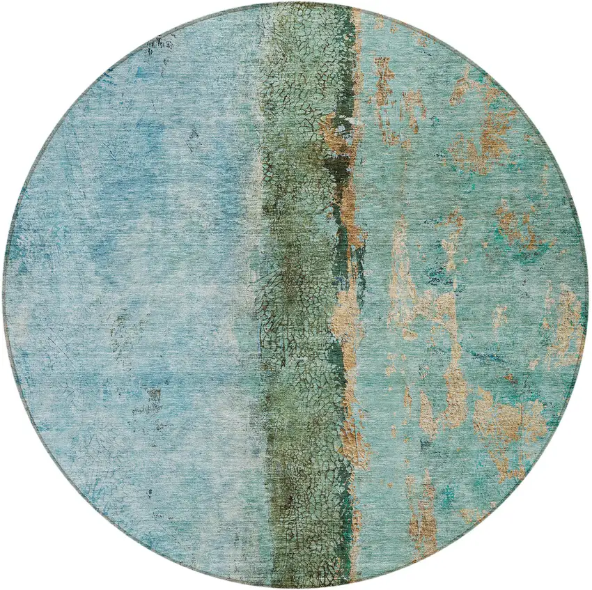 8' Blue And Gold Round Abstract Washable Indoor Outdoor Area Rug Photo 5