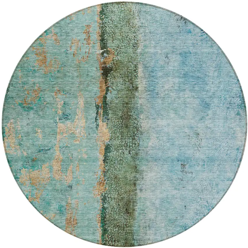 8' Blue And Gold Round Abstract Washable Indoor Outdoor Area Rug Photo 2