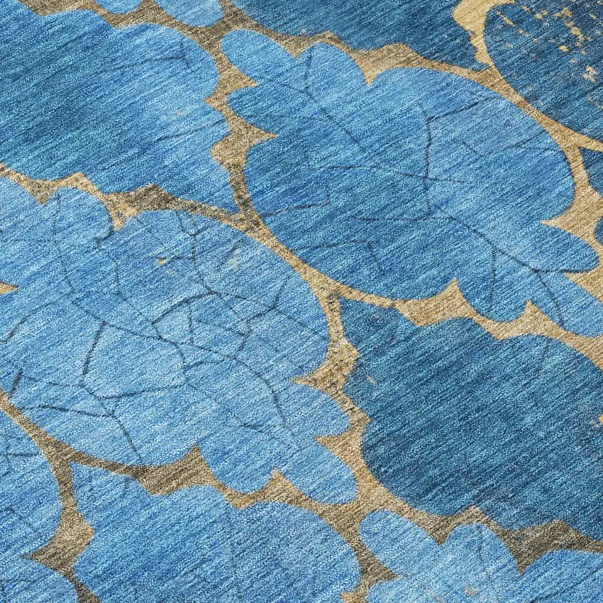 8' Blue And Gold Round Damask Washable Indoor Outdoor Area Rug Photo 8