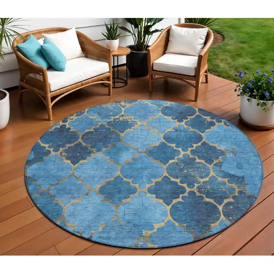8' Blue And Gold Round Damask Washable Indoor Outdoor Area Rug Photo 2