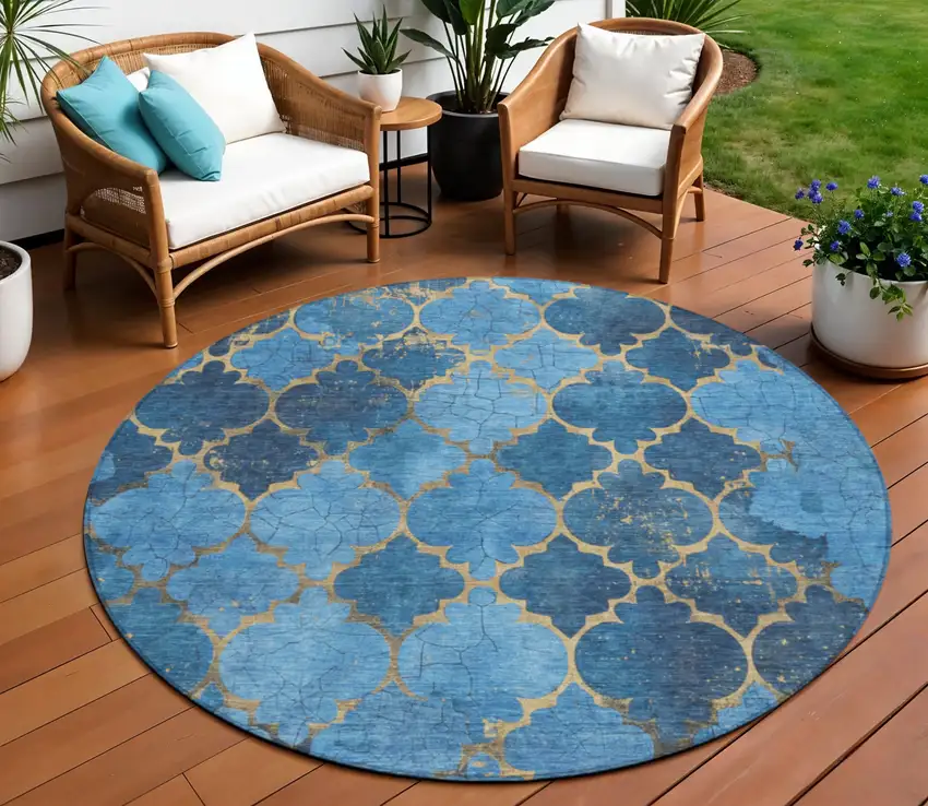 8' Blue And Gold Round Damask Washable Indoor Outdoor Area Rug Photo 2