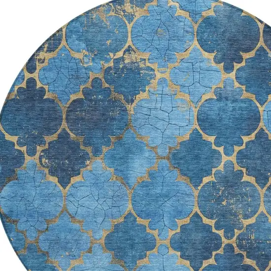 8' Blue And Gold Round Damask Washable Indoor Outdoor Area Rug Photo 4
