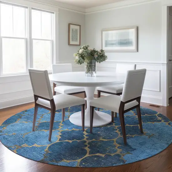 8' Blue And Gold Round Damask Washable Indoor Outdoor Area Rug Photo 6