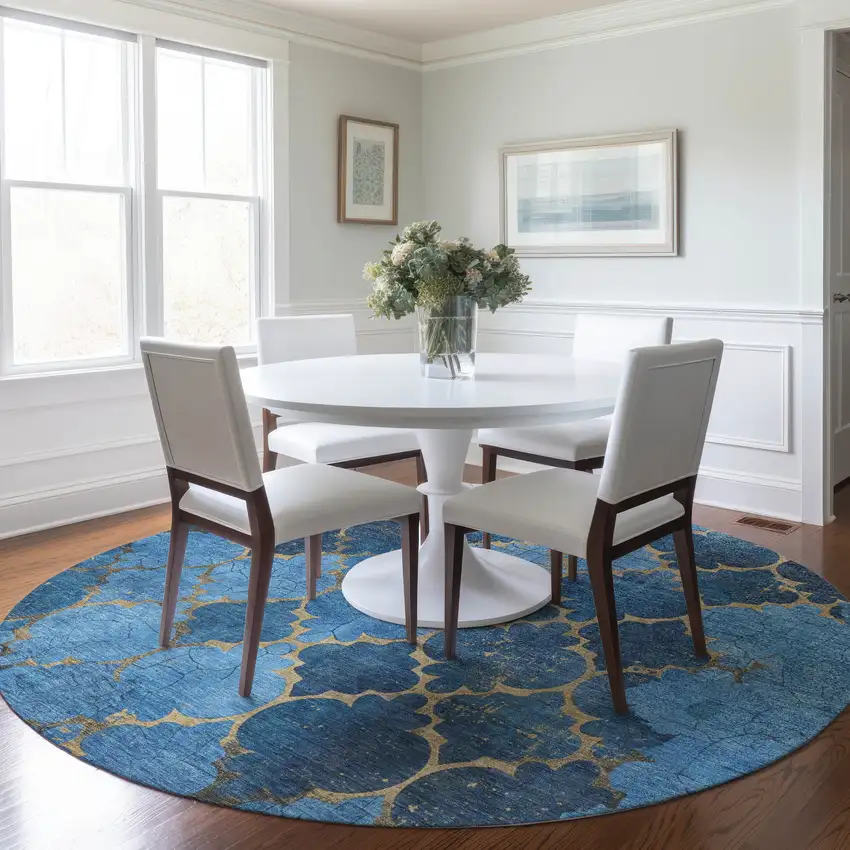 8' Blue And Gold Round Damask Washable Indoor Outdoor Area Rug Photo 6