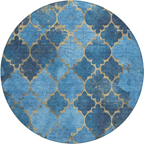 8' Blue And Gold Round Damask Washable Indoor Outdoor Area Rug Photo 1