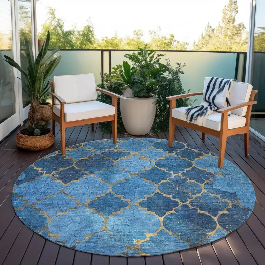 8' Blue And Gold Round Damask Washable Indoor Outdoor Area Rug Photo 5