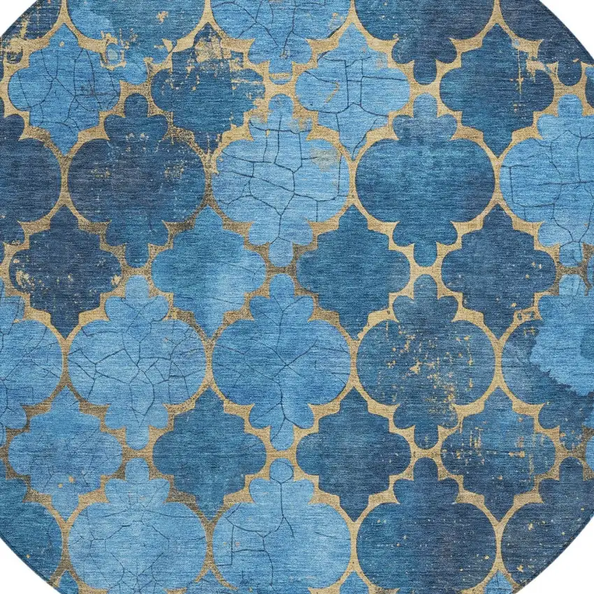 8' Blue And Gold Round Damask Washable Indoor Outdoor Area Rug Photo 9
