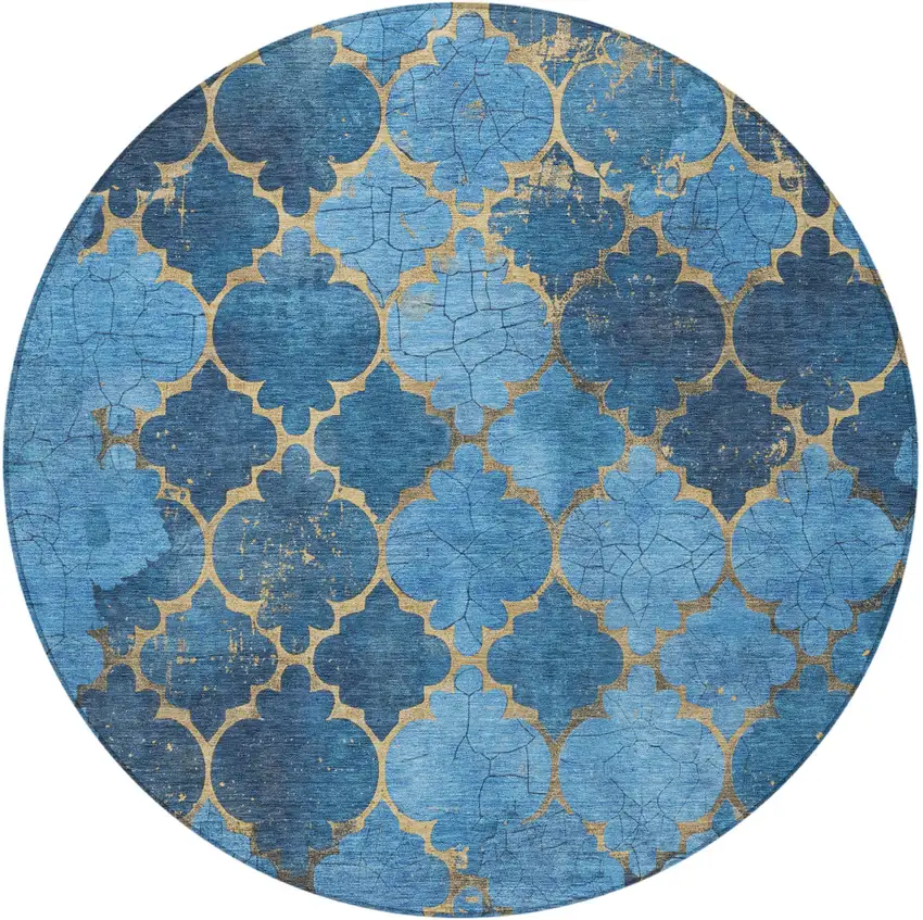 8' Blue And Gold Round Damask Washable Indoor Outdoor Area Rug Photo 3