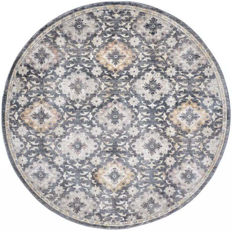 6' Blue And Gold Round Floral Stain Resistant Area Rug Photo 1