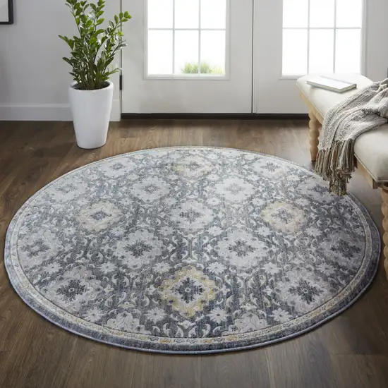 6' Blue And Gold Round Floral Stain Resistant Area Rug Photo 4