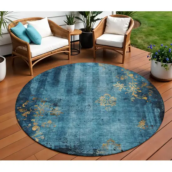 8' Blue And Gold Round Floral Washable Indoor Outdoor Area Rug Photo 2