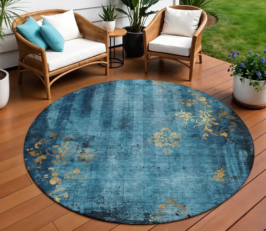 8' Blue And Gold Round Floral Washable Indoor Outdoor Area Rug Photo 2