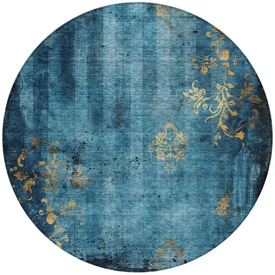 8' Blue And Gold Round Floral Washable Indoor Outdoor Area Rug Photo 4