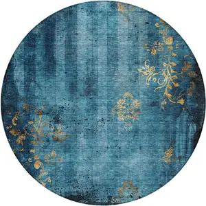 Photo of 8' Blue And Gold Round Floral Washable Indoor Outdoor Area Rug