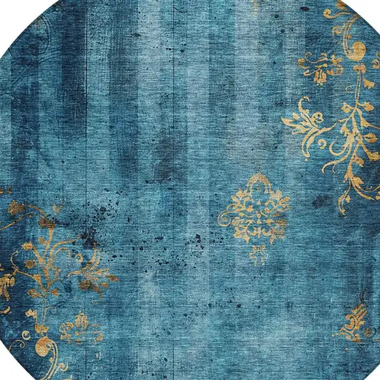 8' Blue And Gold Round Floral Washable Indoor Outdoor Area Rug Photo 9