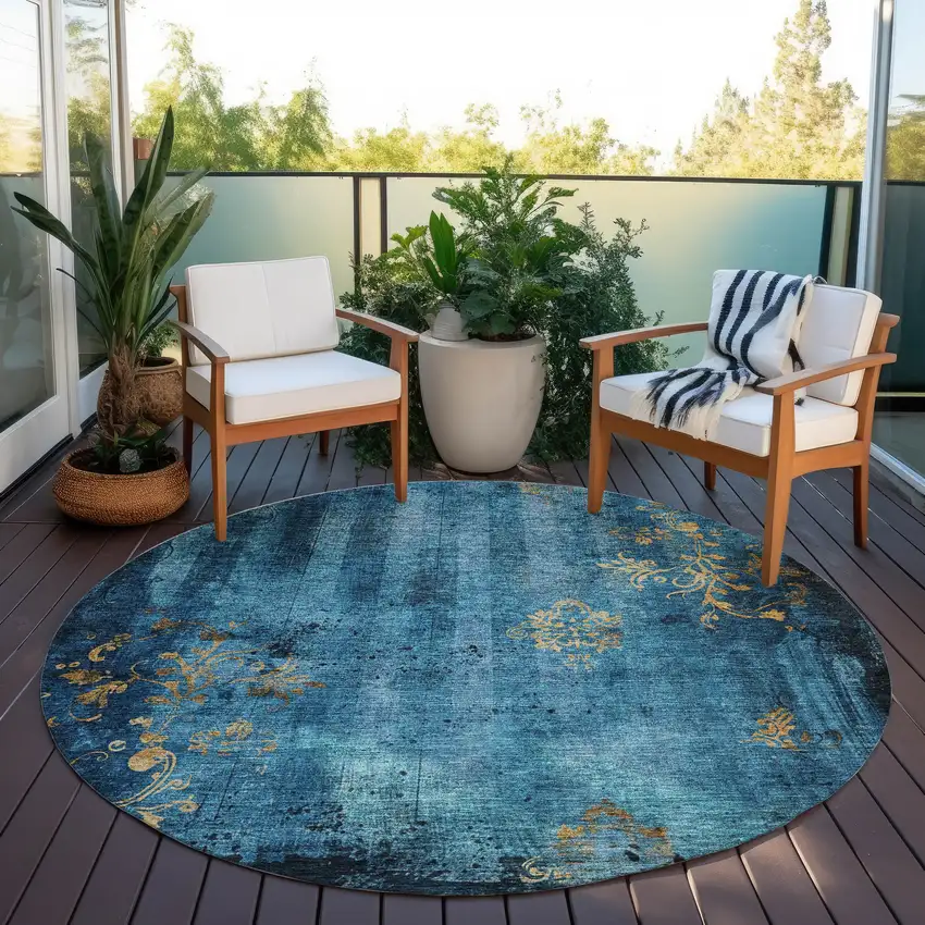 8' Blue And Gold Round Floral Washable Indoor Outdoor Area Rug Photo 5