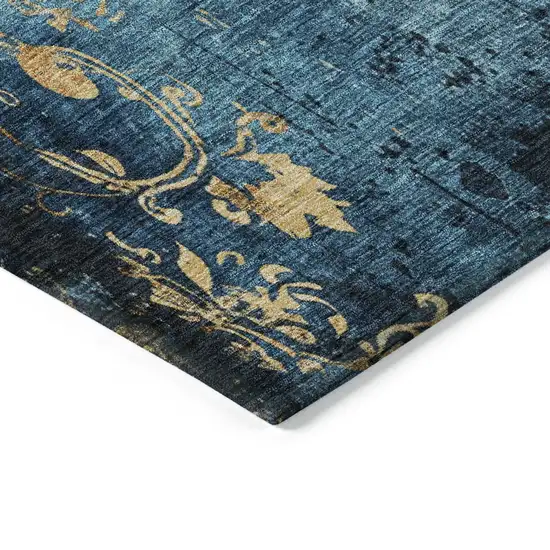 8' Blue And Gold Round Floral Washable Indoor Outdoor Area Rug Photo 7