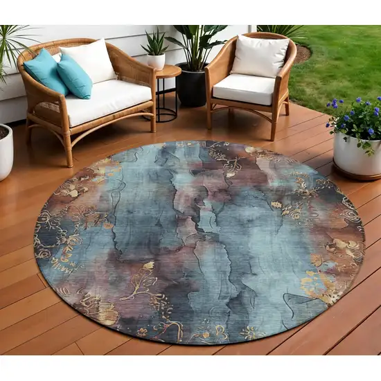 8' Blue And Gold Round Floral Washable Indoor Outdoor Area Rug Photo 2
