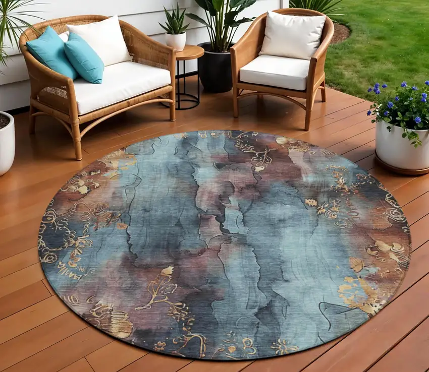 8' Blue And Gold Round Floral Washable Indoor Outdoor Area Rug Photo 2
