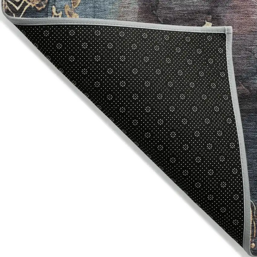 8' Blue And Gold Round Floral Washable Indoor Outdoor Area Rug Photo 9