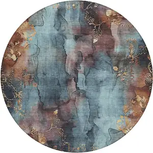 Photo of 8' Blue And Gold Round Floral Washable Indoor Outdoor Area Rug