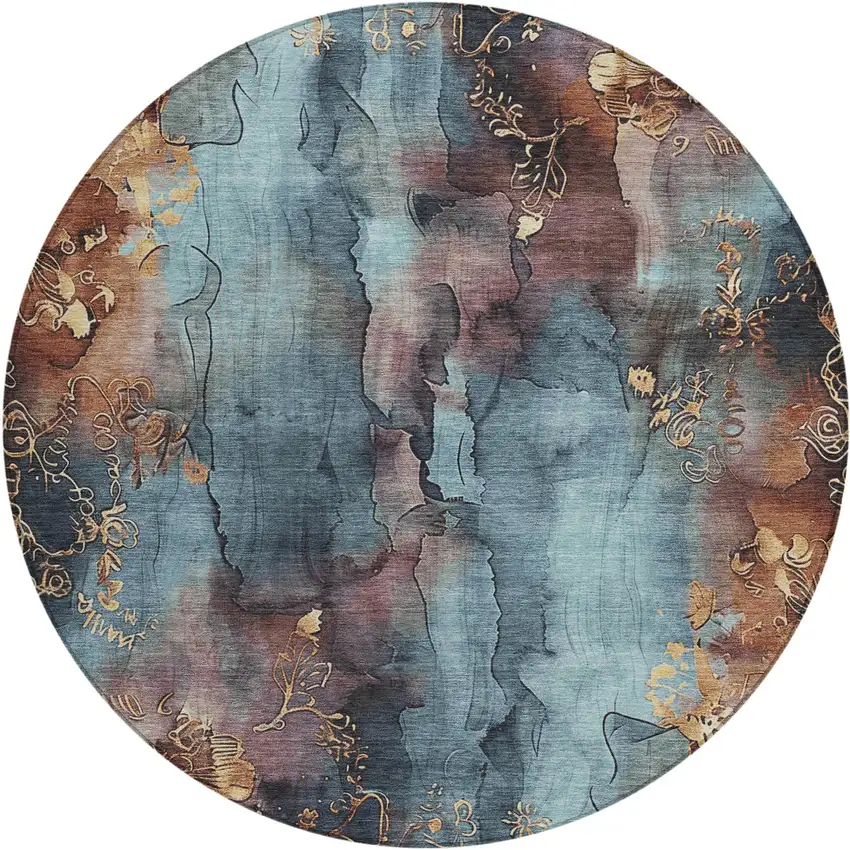 8' Blue And Gold Round Floral Washable Indoor Outdoor Area Rug Photo 1