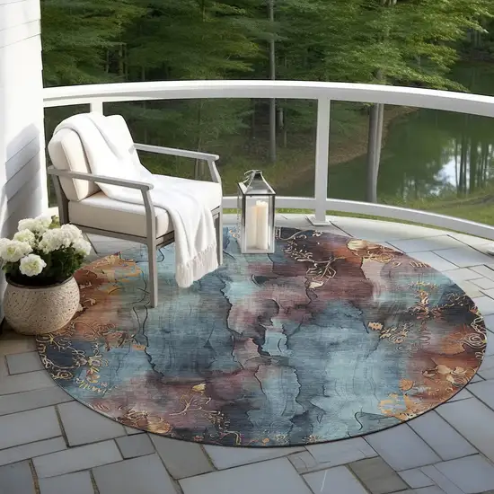 8' Blue And Gold Round Floral Washable Indoor Outdoor Area Rug Photo 5