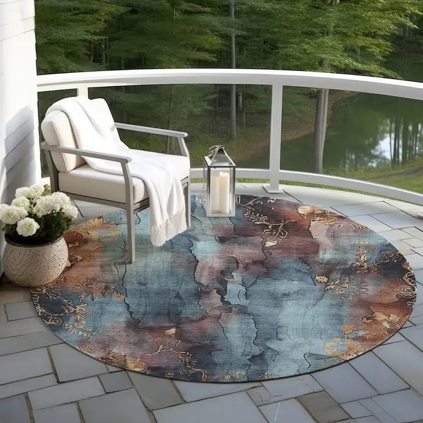 8' Blue And Gold Round Floral Washable Indoor Outdoor Area Rug Photo 5