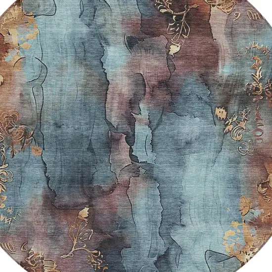 8' Blue And Gold Round Floral Washable Indoor Outdoor Area Rug Photo 8