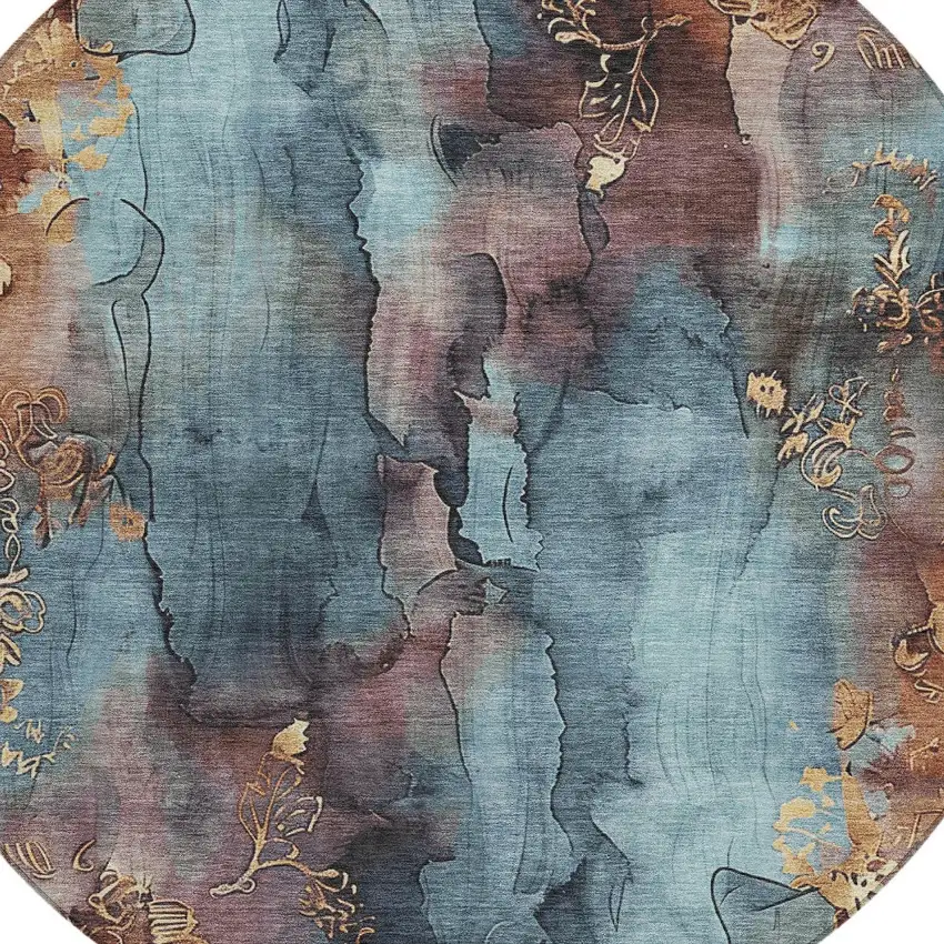 8' Blue And Gold Round Floral Washable Indoor Outdoor Area Rug Photo 8