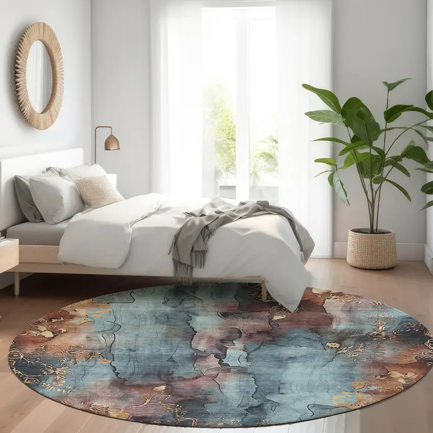 8' Blue And Gold Round Floral Washable Indoor Outdoor Area Rug Photo 6