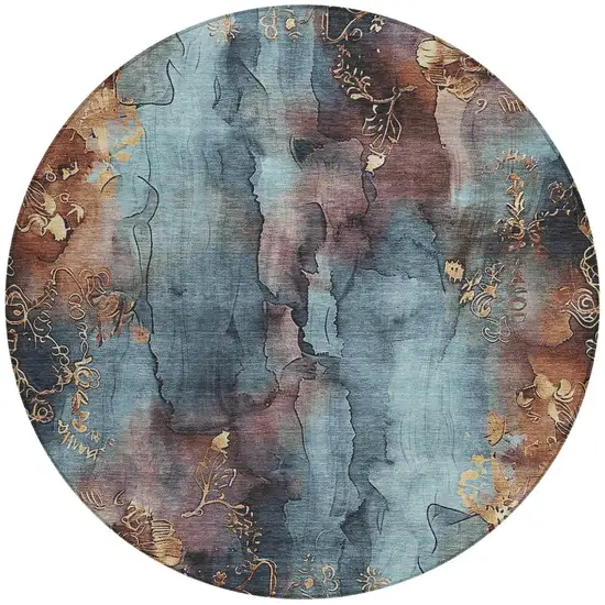 8' Blue And Gold Round Floral Washable Indoor Outdoor Area Rug Photo 3