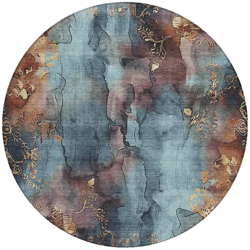 8' Blue And Gold Round Floral Washable Indoor Outdoor Area Rug Photo 3