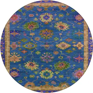 Photo of 8' Blue And Gold Round Floral Washable Indoor Outdoor Area Rug