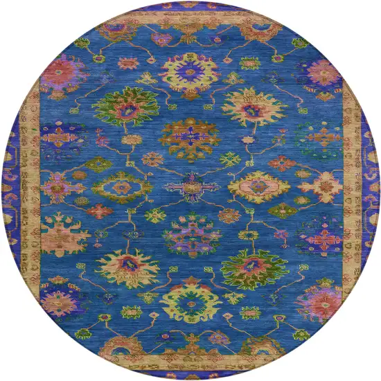 8' Blue And Gold Round Floral Washable Indoor Outdoor Area Rug Photo 1